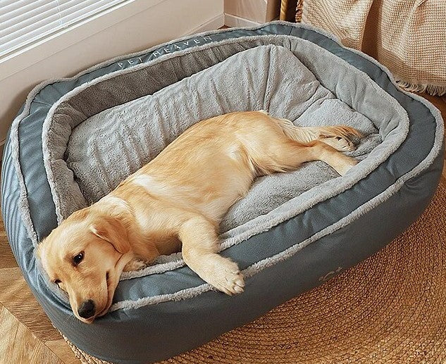 Labrador with its head on the bed's supportive pillow, showing comfort.