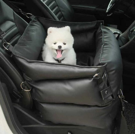 Luxury black leather dog car seat with safety buckle