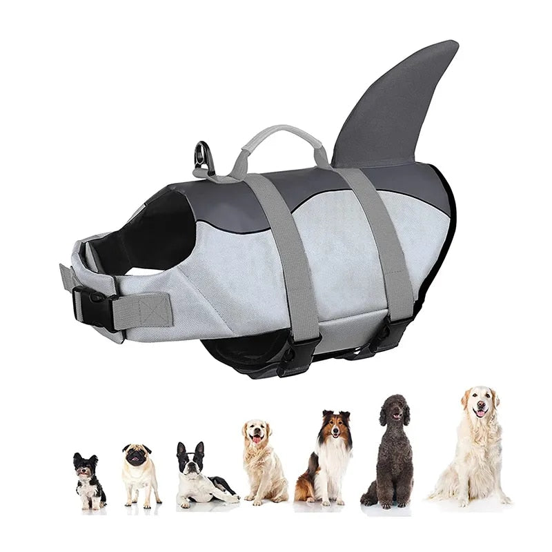 "Grey water safety dog vest displayed with a guide to dog sizes underneath."
