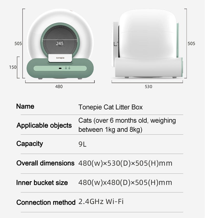 Specifications of Smart Self-Cleaning Litter Box in action