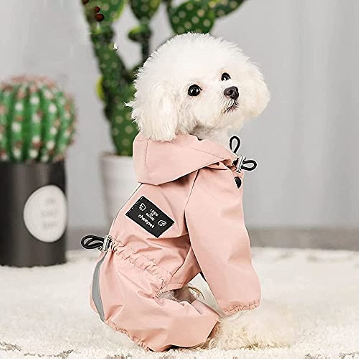 Lightweight reflective raincoat for small dogs.