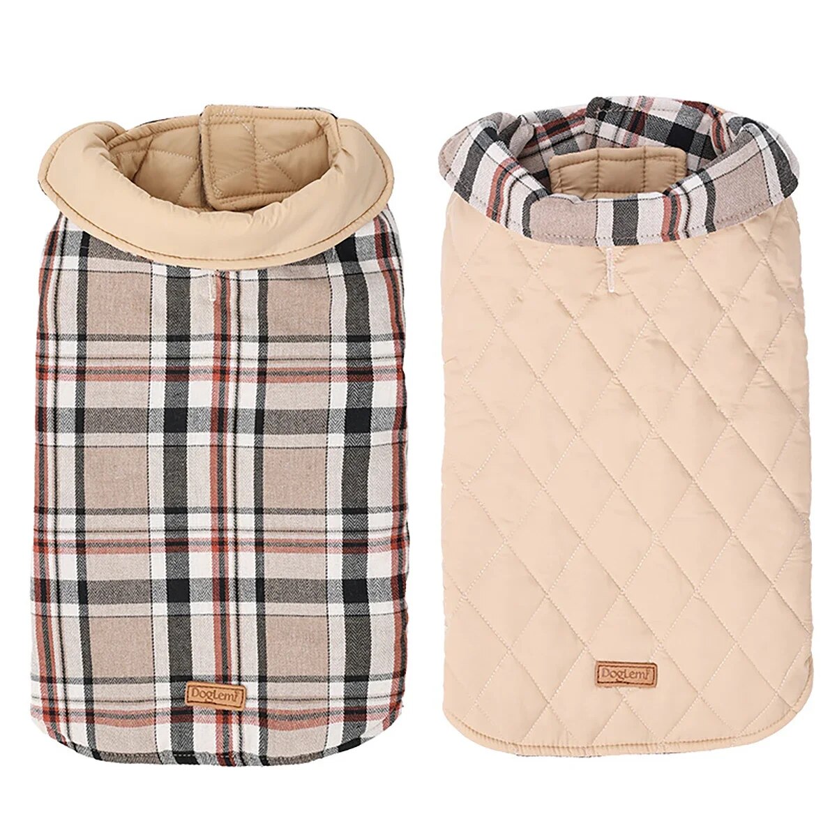 "Beige reversible check plaid winter coat, combining elegance with comfort."
