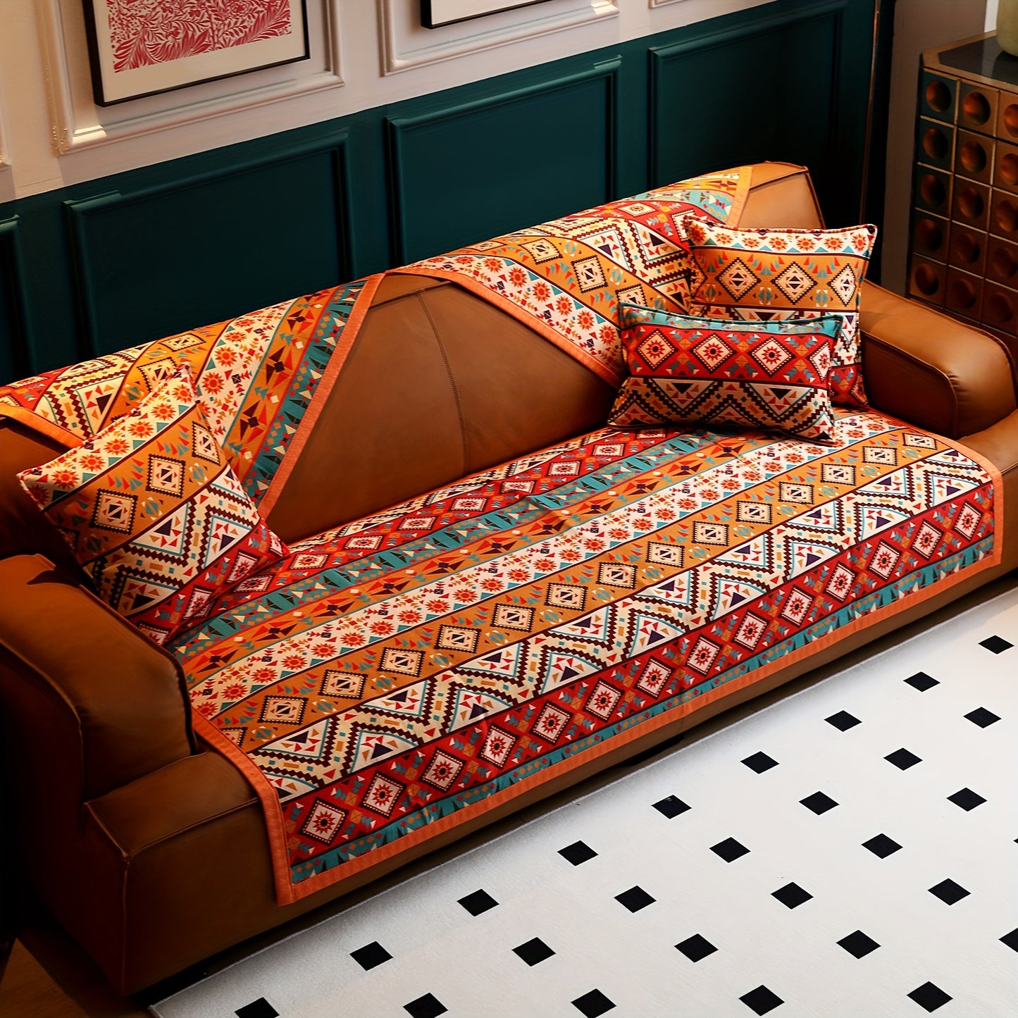 Orange Boho-inspired sofa slipcover with intricate chenille detailing