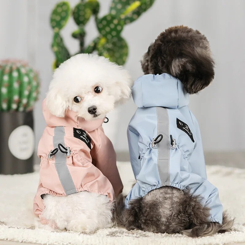 Small dog fashion and safety merge in this reflective, waterproof, and lightweight raincoat.