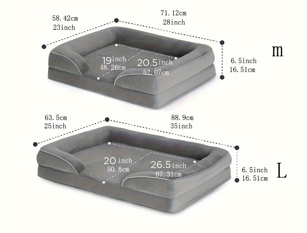 various angles and measurements, including length, width, and height of the dog bed