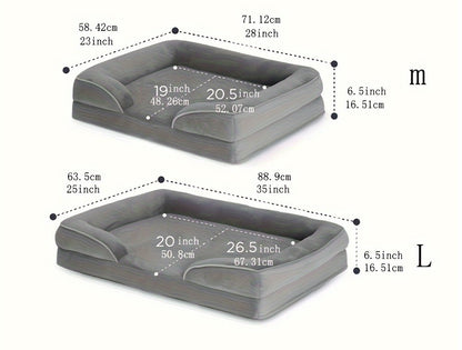 various angles and measurements, including length, width, and height of the dog bed