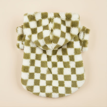 Close-up of stylish dog jacket in plaid design for winter warmth