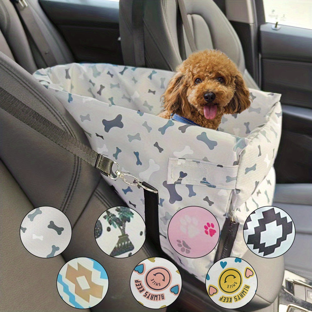 Durable pet booster seat providing comfort and safety in bone pattern