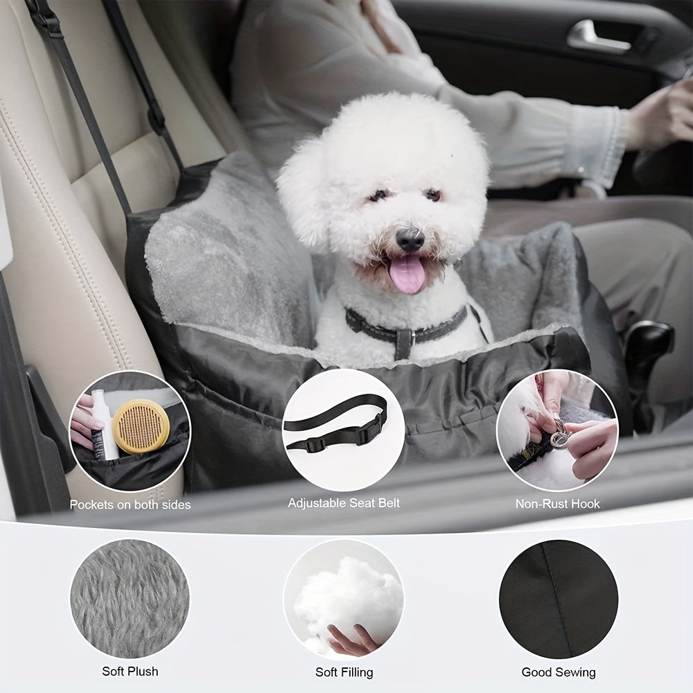 A dog using the dog car seat and showing the features