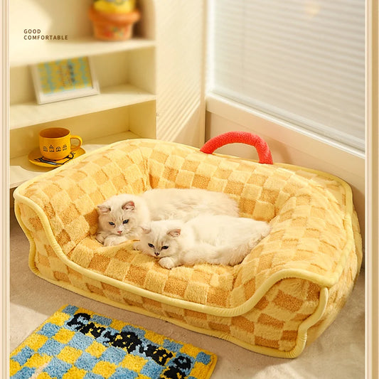 Warm yellow plush cat sofa, perfect for snuggling and reducing anxiety.