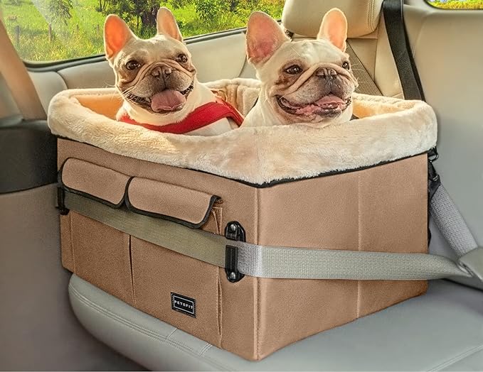 A medium size booster seat in tan color with a dog peeking out