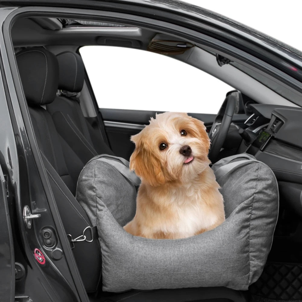 A dog using the Car Seat Pet Travel Booster with Storage