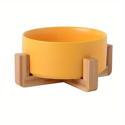 Anti-overturning dog food water feeder with wooden stand  in orange color