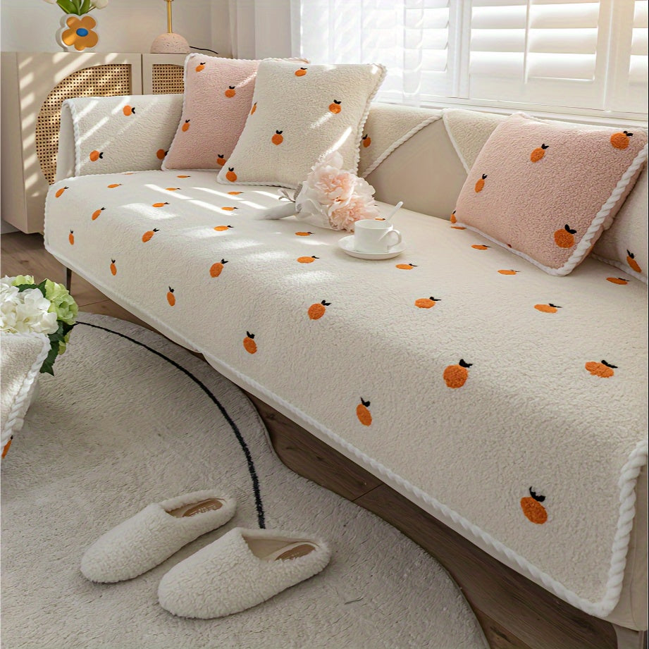 Warm Plush Sofa Slipcover: Cozy Non-Slip Couch Protector Decor in white oranges design