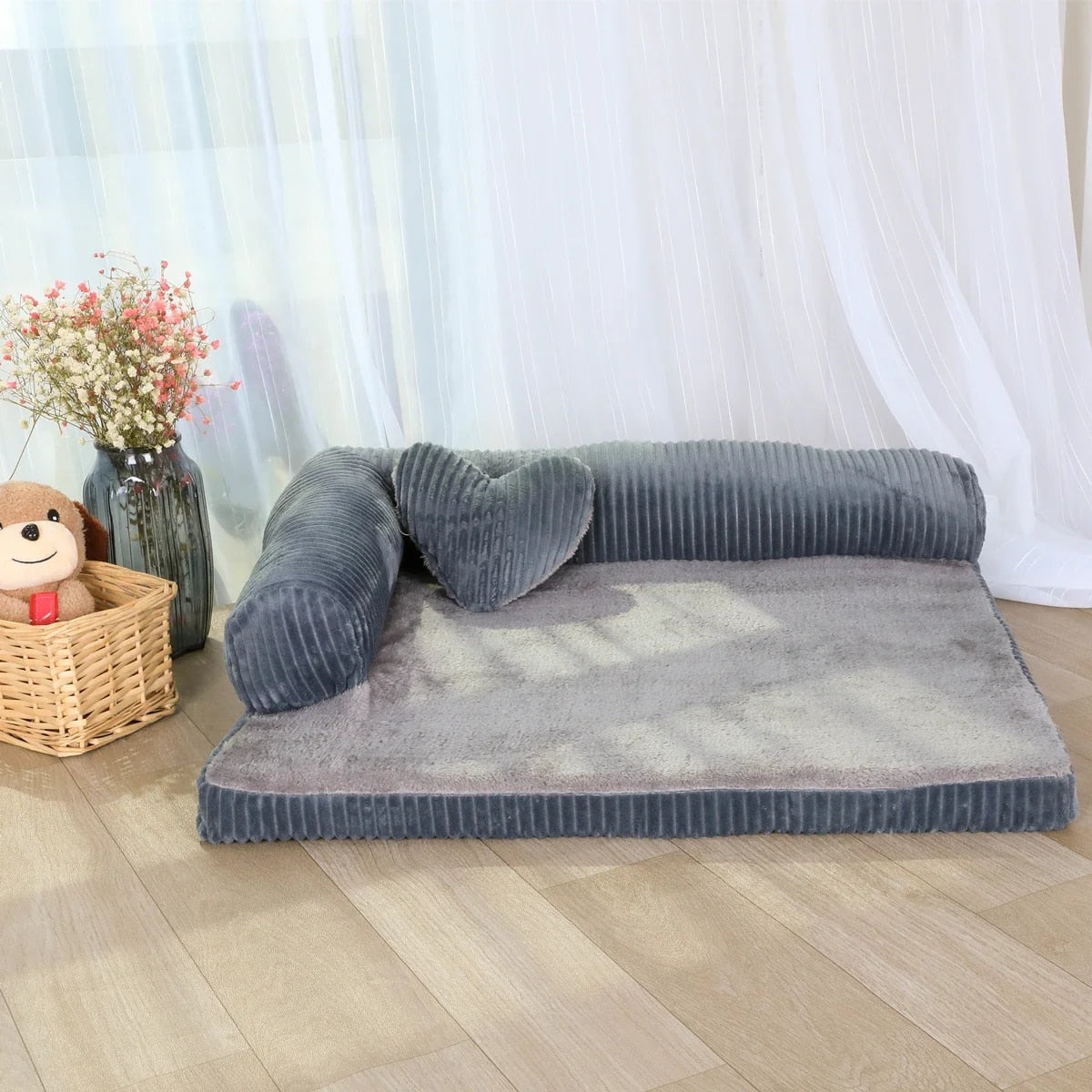 L-Shaped Dog Bed Sofa with Waterproof Cover and Heart Pillow Grey