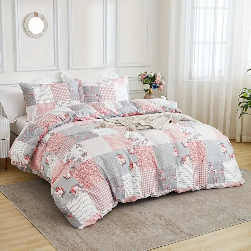 Soft Polyester Flower Checkered Duvet Cover Set
