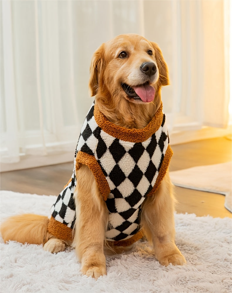 Side view of a dog dressed in a stylish tartan coat, demonstrating the easy pullover wearing method.