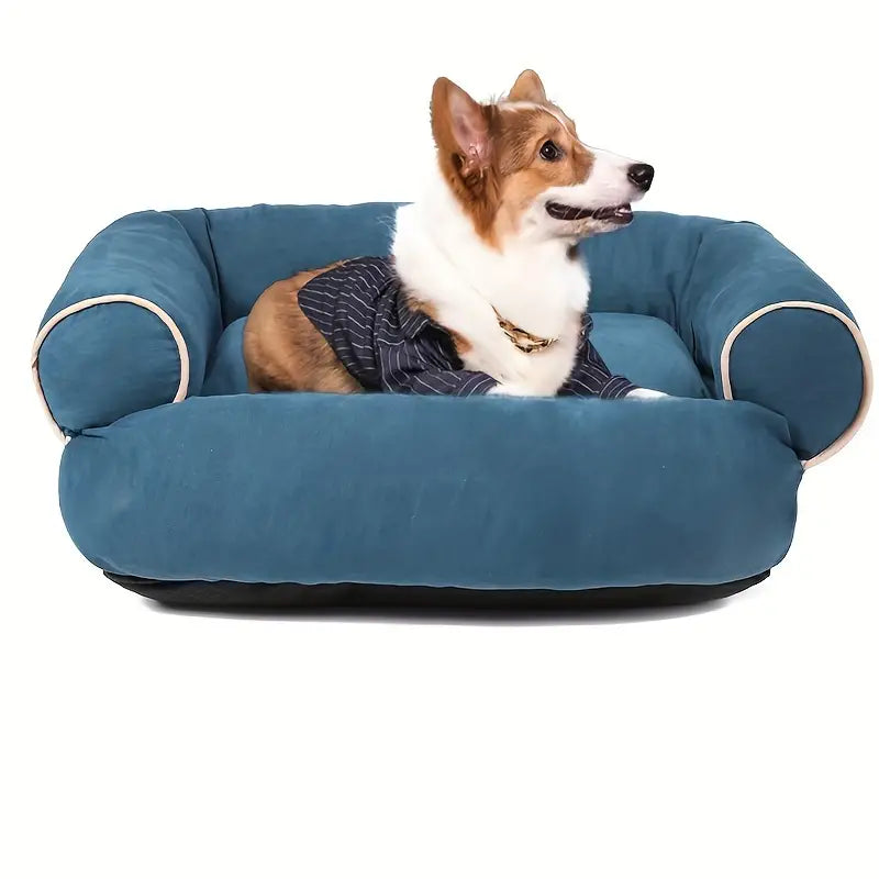 Luxury Suede Dog Sofa Bed in living room in blue color