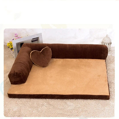 L-Shaped Dog Bed Sofa with Waterproof Cover and Heart Pillow Brown