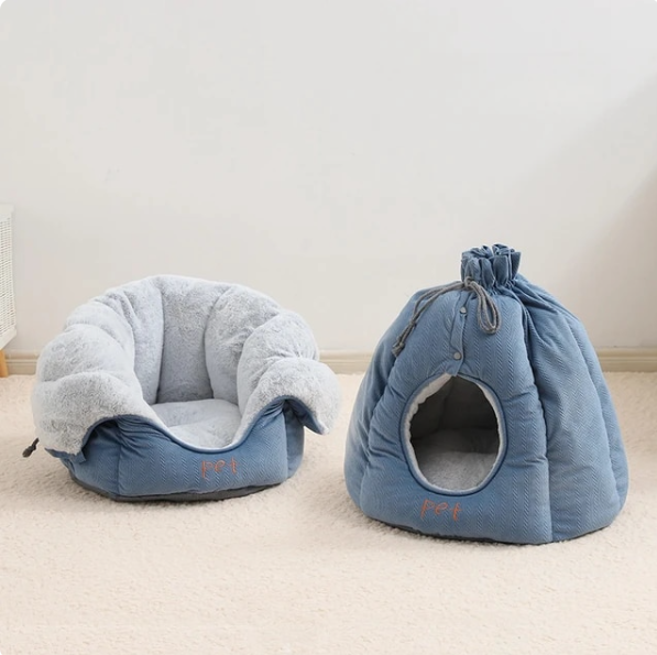 Elegant 2-in-1 plush cat bed that transforms into a snug house for pets.