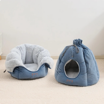 Elegant 2-in-1 plush cat bed that transforms into a snug house for pets.