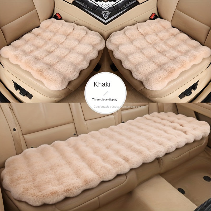 Khaki  Winter Plush Car Seat Cushion, Faux Rabbit Fur, Universal Fit