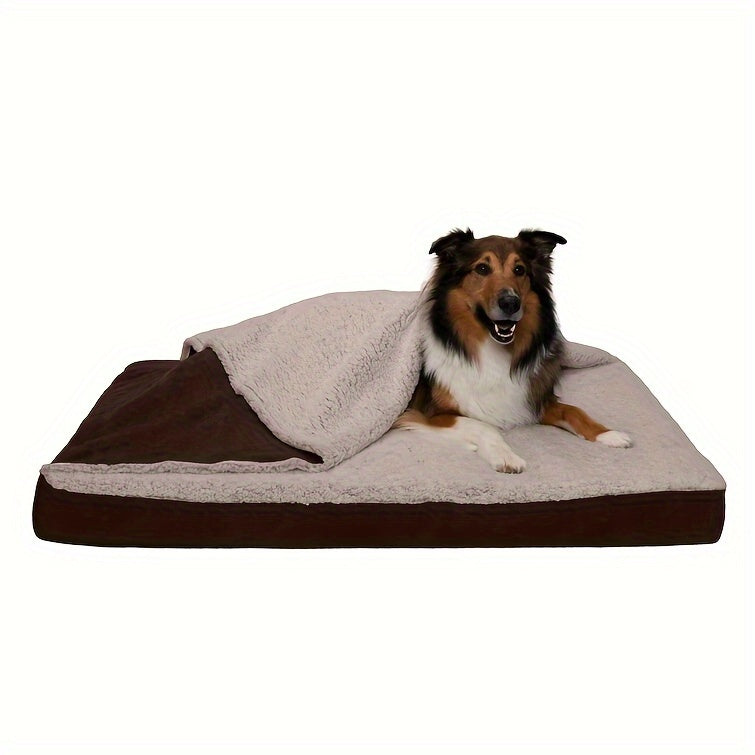 A dog with a brown and black coat rests on a brown dog bed 