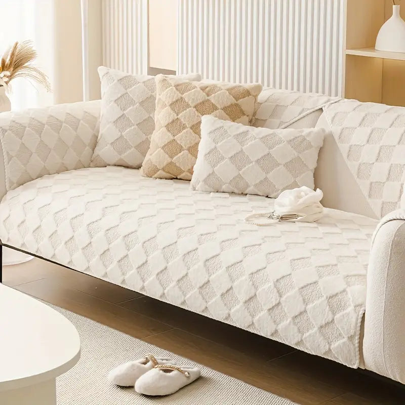 non-slip velvet sofa cover in white color