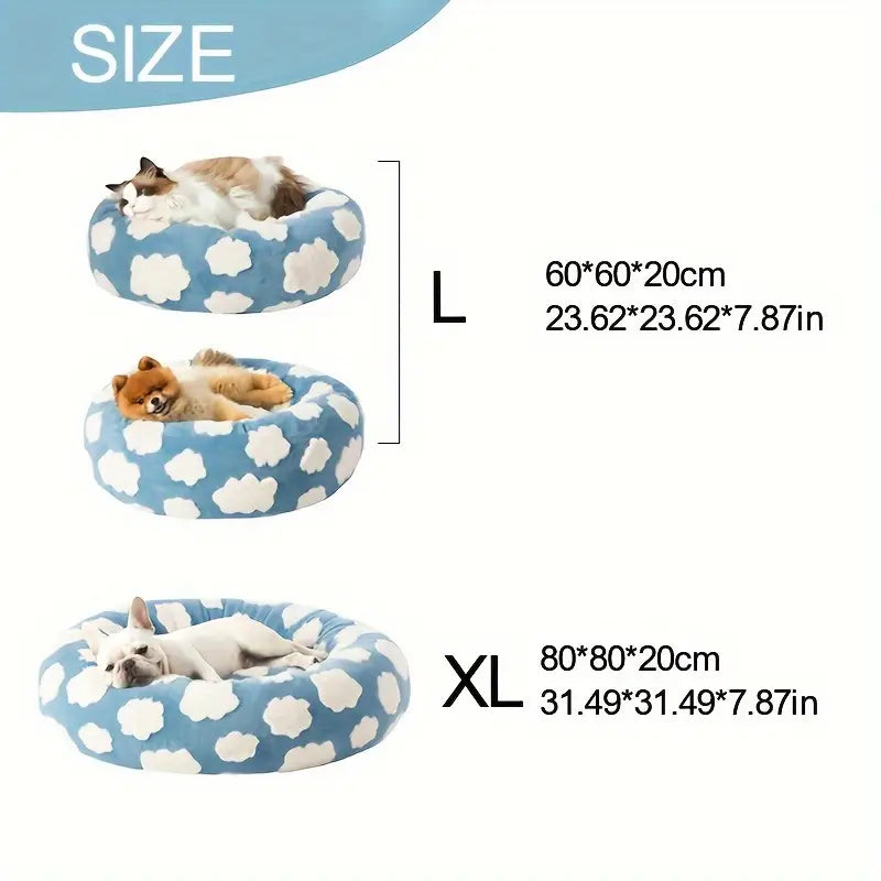 Size of Soft cloud-patterned dog bed with ergonomic support.
