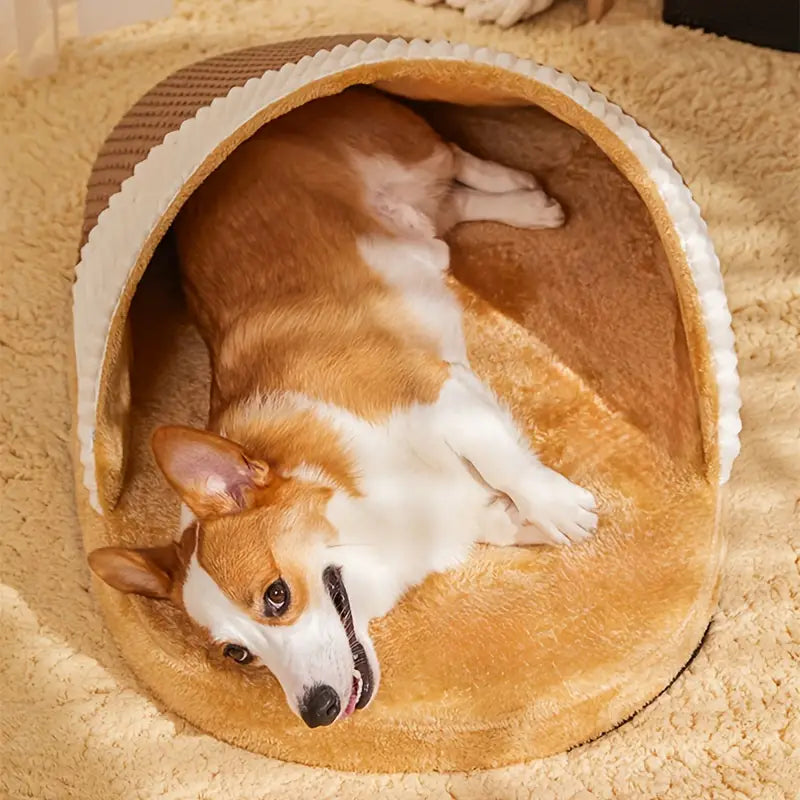 Slipper-style dog and cat bed in semi-enclosed design.
