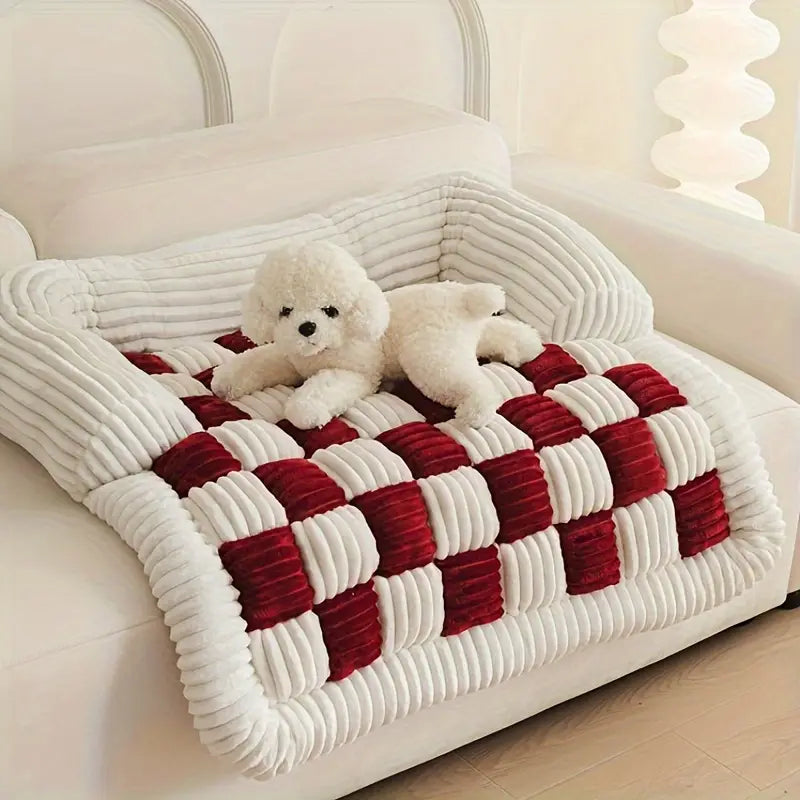 Red Pet couch cover for small dog in plaid design