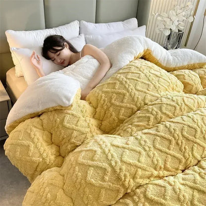 "Lady resting in bed, enveloped in a warm yellow velvet plush pet blanket."