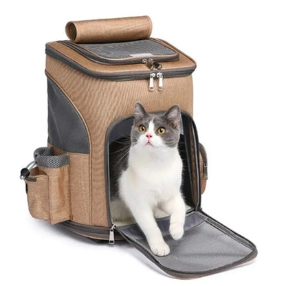 Versatile pet carrier backpack and trolley for small pets in khaki color.