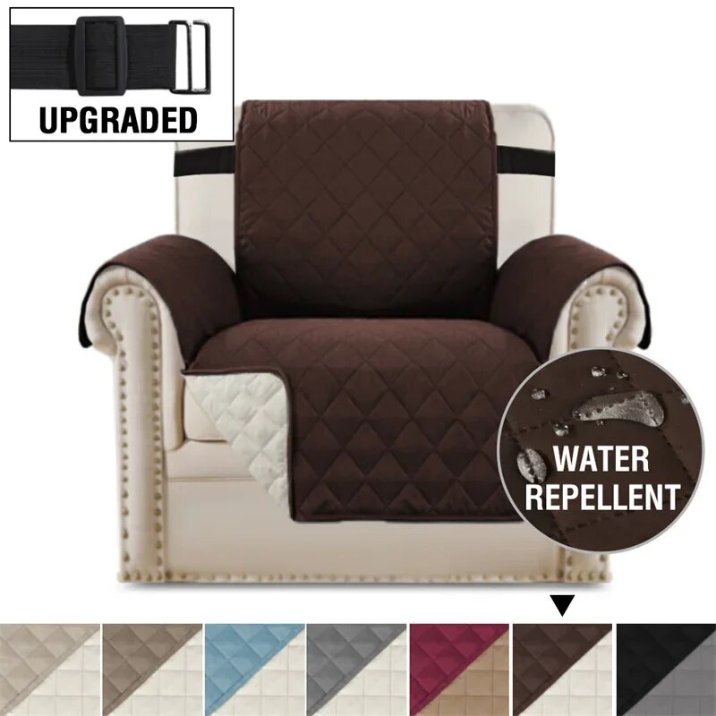 "Rich brown waterproof slipcover fitted on a chair."
