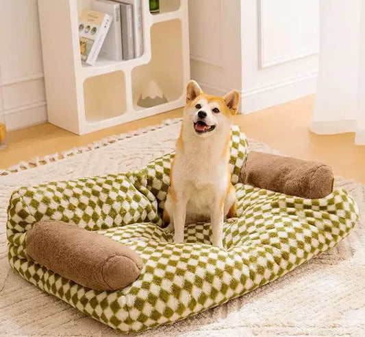 Retro Angora Green Plaid Vintage Supportive Washable Anti Slip Sofa Pet Couch