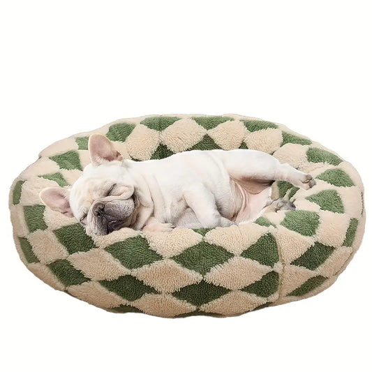 Soft Plaid Pattern Round Dog Bed for Small Dogs
