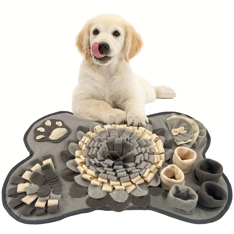 A dog with grey snuffle mat