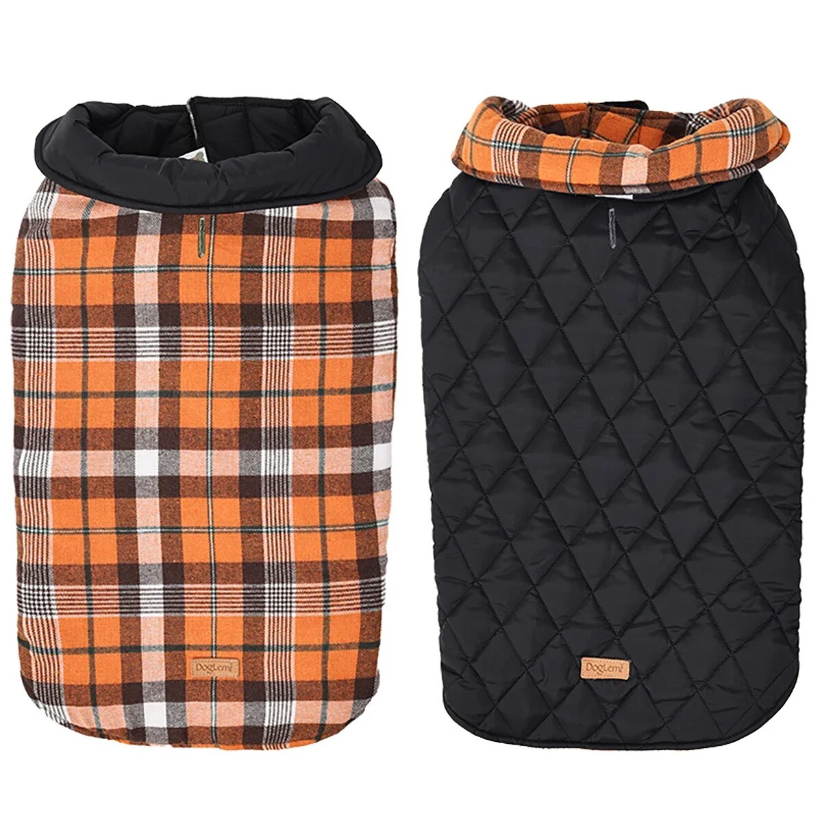 "Orange reversible check plaid winter coat for dogs, vibrant and warm."
