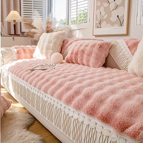 Faux Rabbit Plush Sofa Cover in a cozy living room setting in pink color