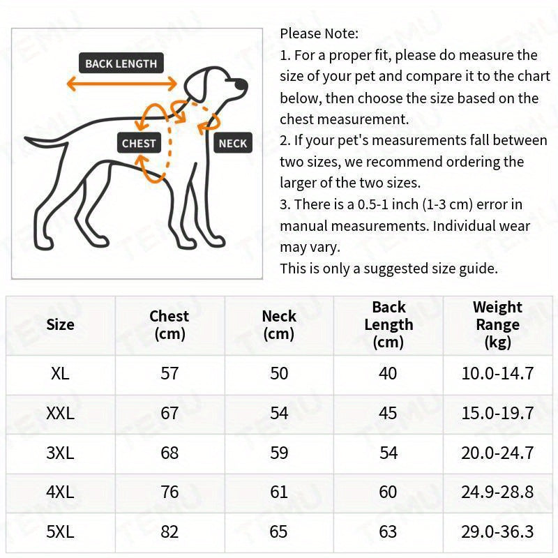 An illustration of a dog with measurement points labeled, accompanied by a size chart.