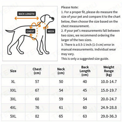 An illustration of a dog with measurement points labeled, accompanied by a size chart.