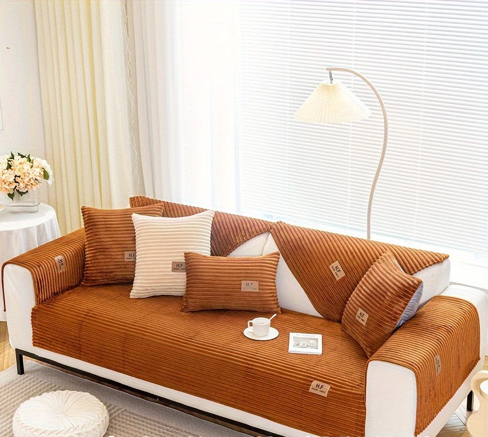 Winter Warm plush thick sofa cover in a modern living room setting in coffee color
