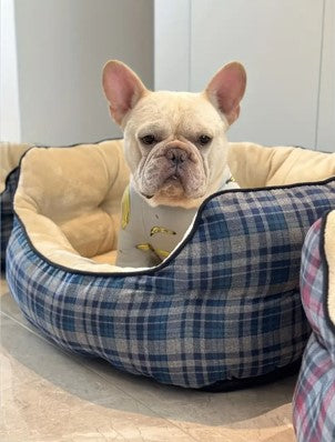 Stylish plaid pet bed with elevated back support.
