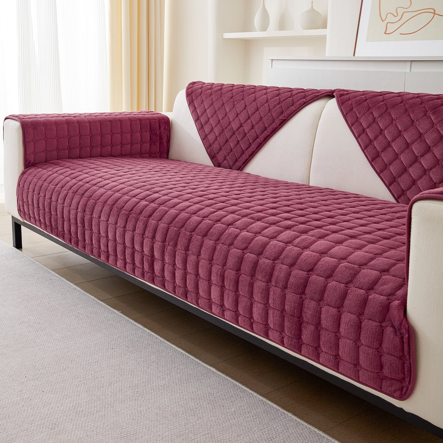 Velvet Flannel Sofa Cover in Wine Color