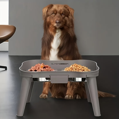 a brown dog using the elevated dog bowls 