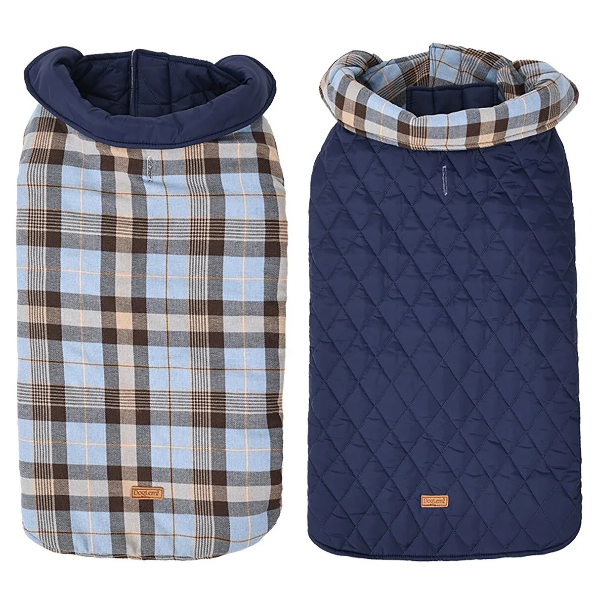 "Reversible side of the blue plaid check winter coat, showcasing the solid blue option."
