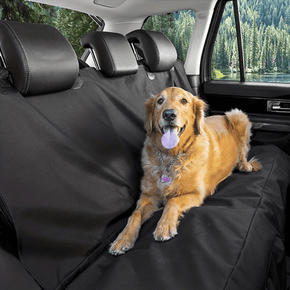 Waterproof hammock-style dog car seat cover protecting the back seat from pet hair and mud.