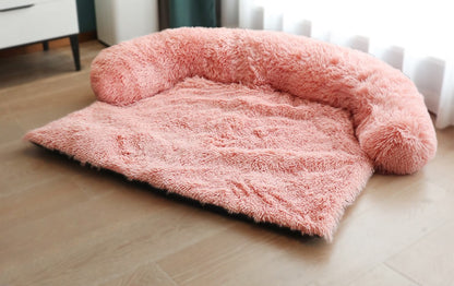 Pink plush indoor cushion pet sofa, washable and soft.



