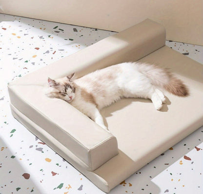 Cozy L-shaped cat cushion featuring a leather-style look for small and medium pets