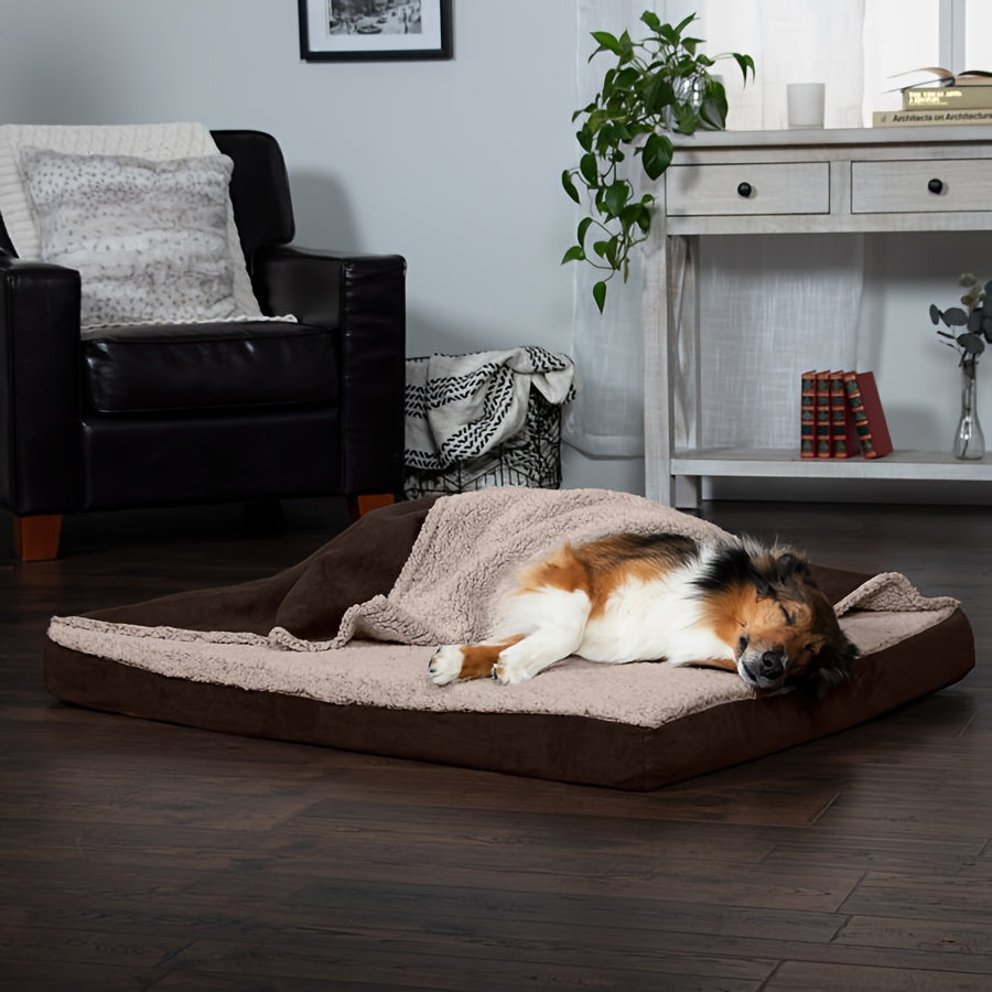 a dog is sprawled out asleep on the brown dog bed,